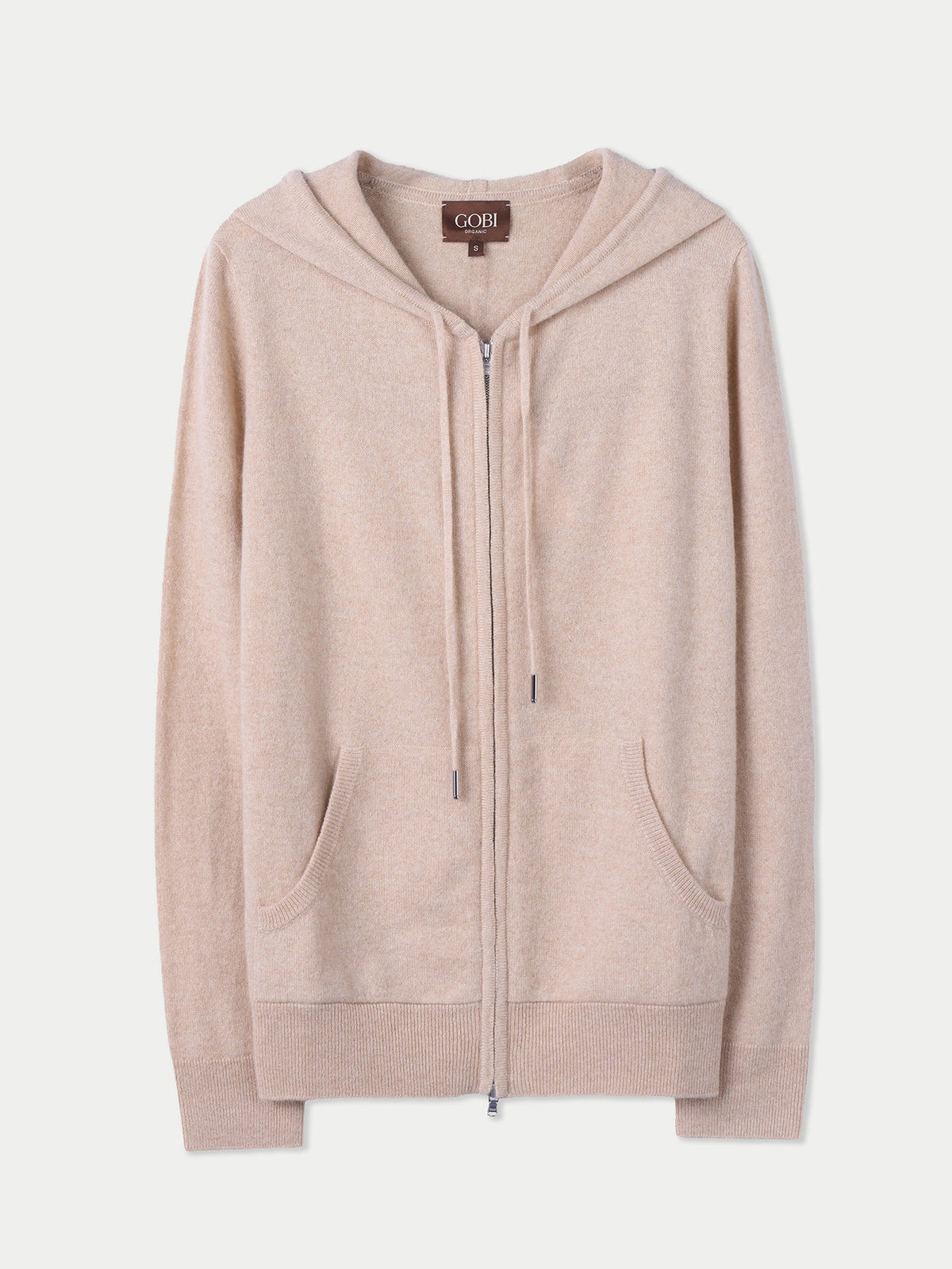 Woman Zipper Hoodie With Smiley Pocket — Beige