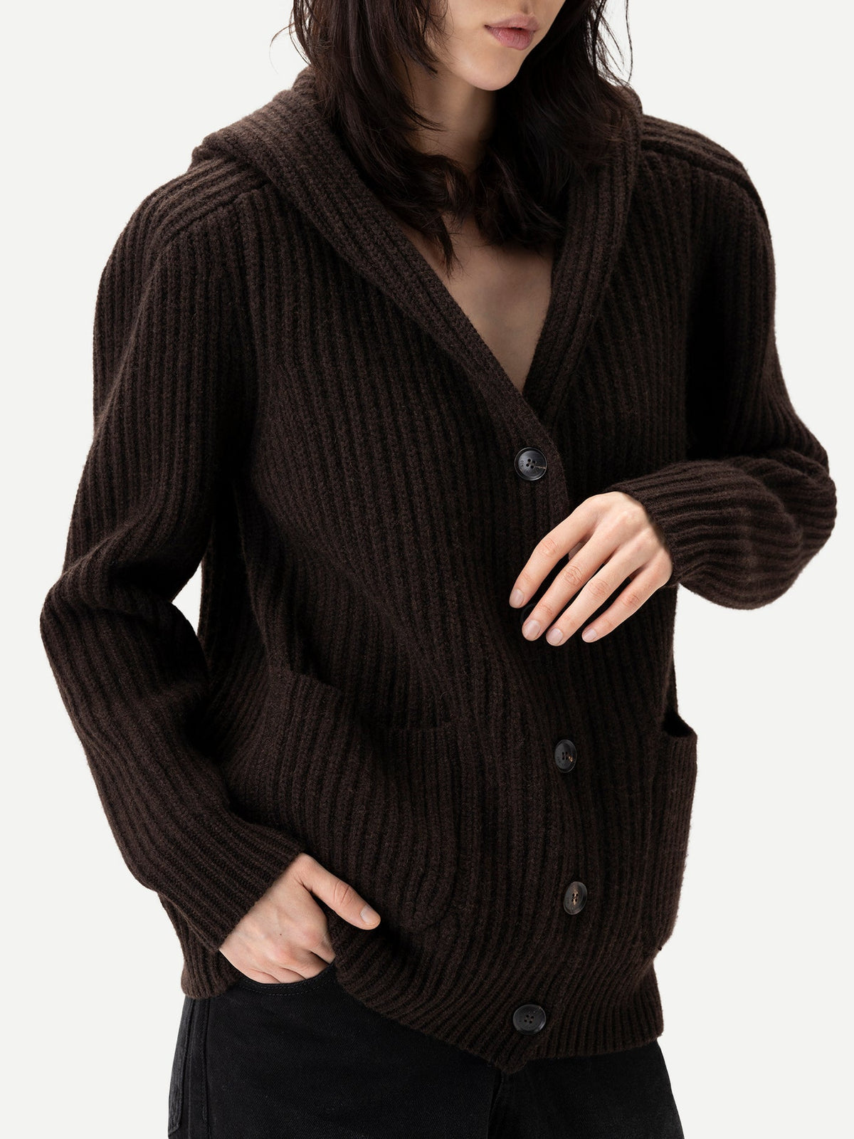 Wide-shoulder Hooded Cashmere Cardigan — Deep Mole