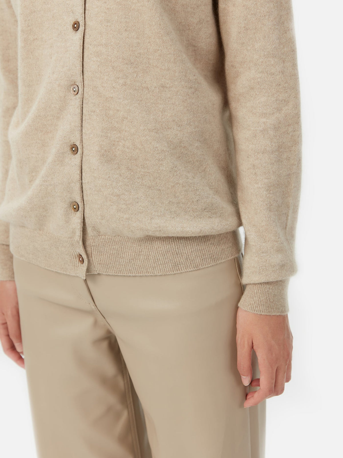 Cashmere Crew Neck Button Cardigan — Soft Beige
