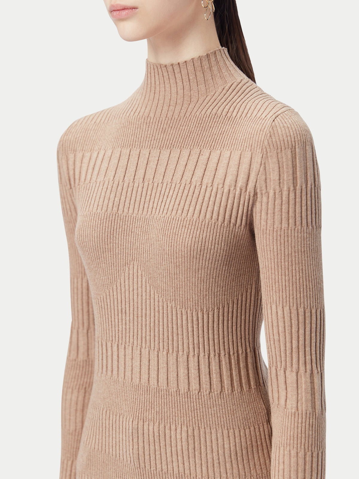 High-neck Ribbed Cotton Silk Cashmere Blend Sweater — Taupe Brown