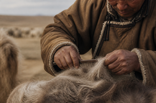 Herder's hands combing cashmere down from a goat in the Gobi steppe