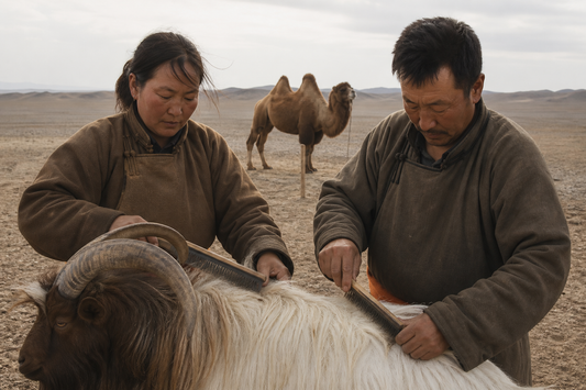 A herding couple combing a goat at dawn on the Gobi steppe