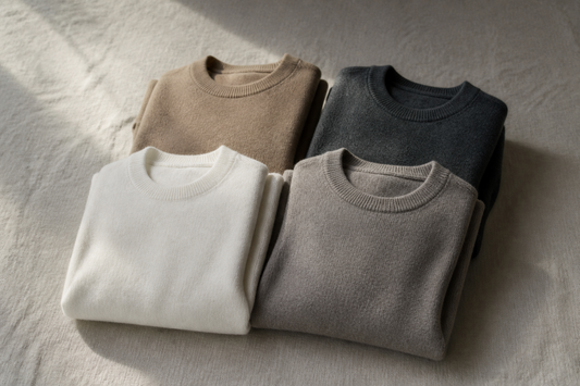 Four folded undyed cashmere garments in white, camel, taupe and charcoal