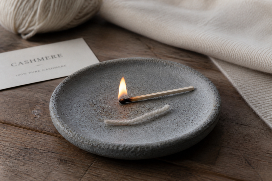 A cashmere thread beside a match on a heatproof stone dish