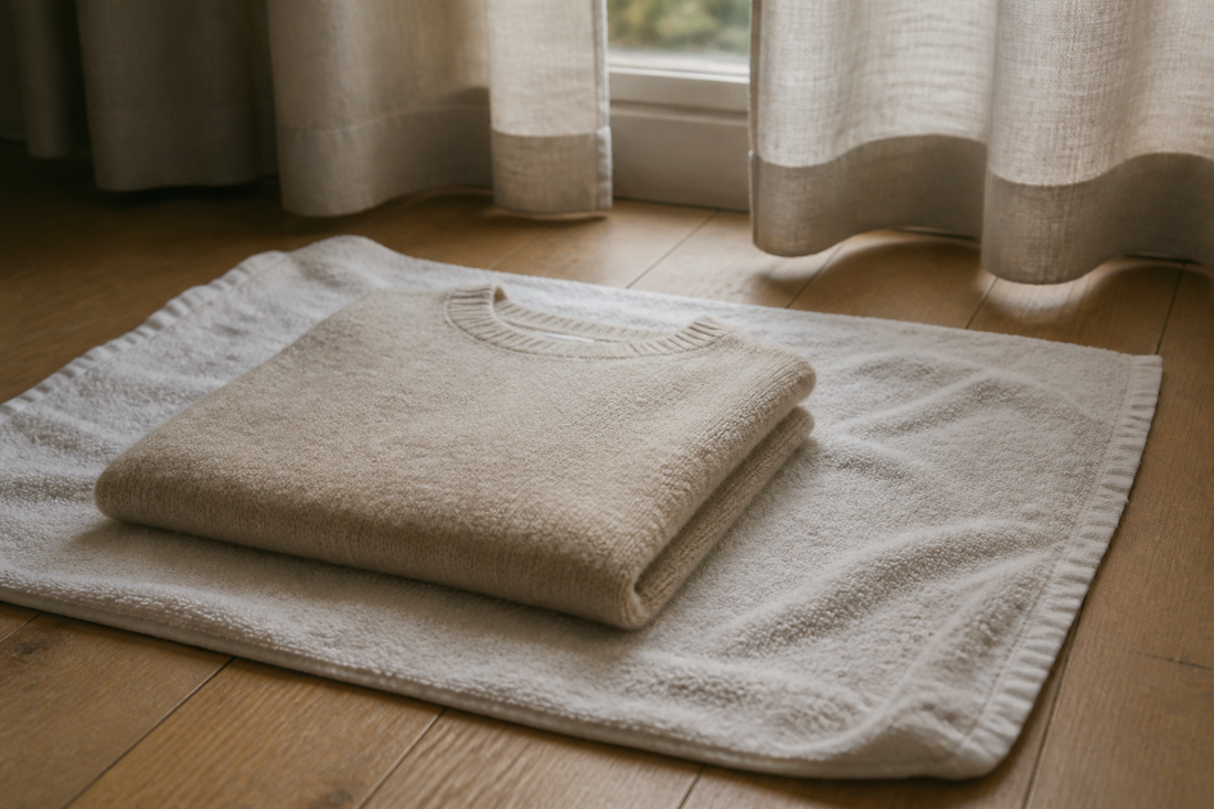 A cashmere sweater drying flat on a white towel by a linen-curtained window