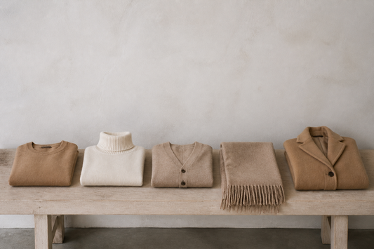 Five folded cashmere pieces arranged in a row on a pale wooden bench