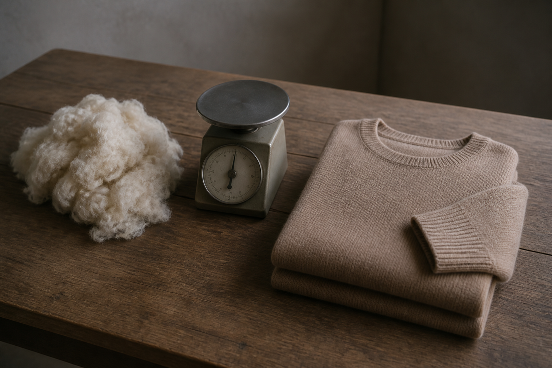 Raw cashmere fibre, a kitchen scale, and a folded sweater on a wooden table