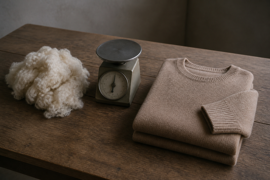 Raw cashmere fibre, a kitchen scale, and a folded sweater on a wooden table