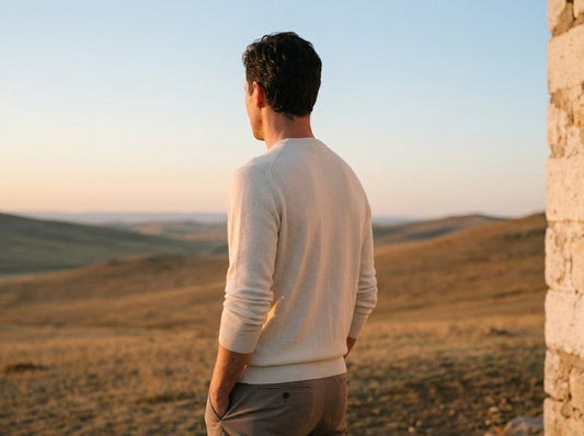 A person wearing a lightweight ivory cashmere crewneck outdoors at golden hour