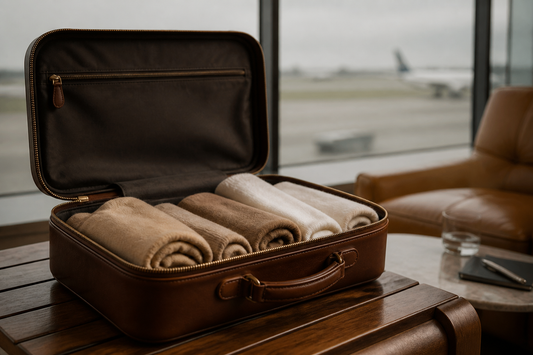 An open carry-on with neatly rolled camel and ivory cashmere garments