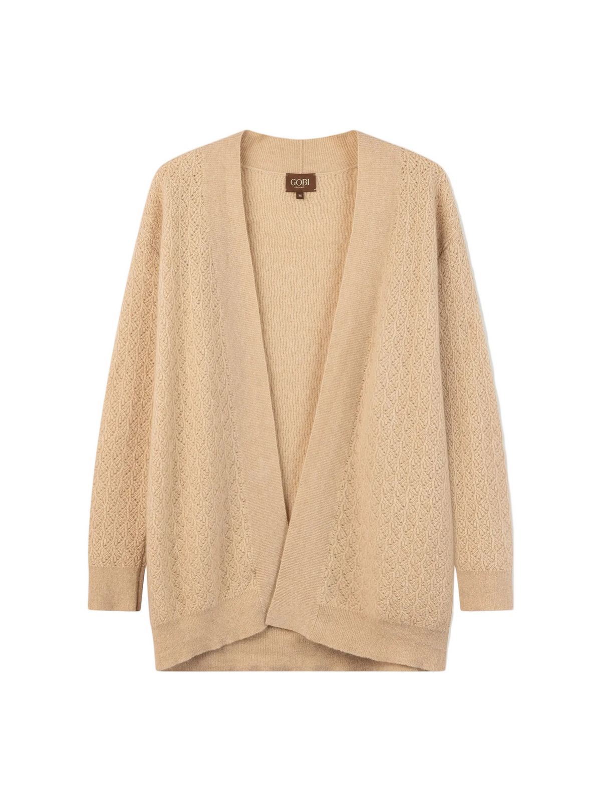 Ajour Knit Open-front Cashmere Cardigan — Beige
