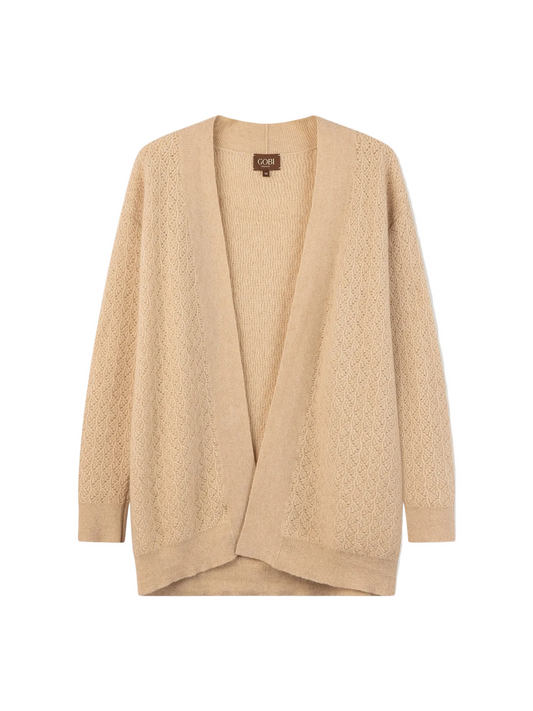 Ajour Knit Open-front Cashmere Cardigan — Beige