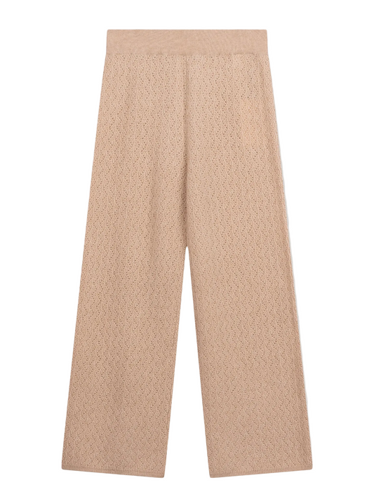 Wide-leg Ajour Knit Cashmere Pants — Beige