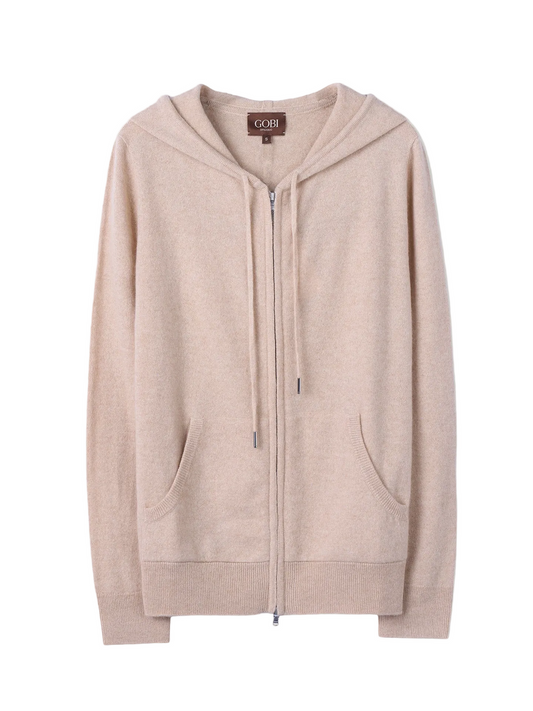 Woman Zipper Hoodie With Smiley Pocket — Beige