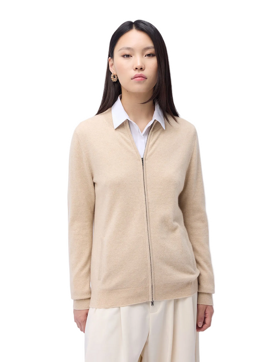 Essential Natural Color Cashmere Full-zip Cardigan — Beige