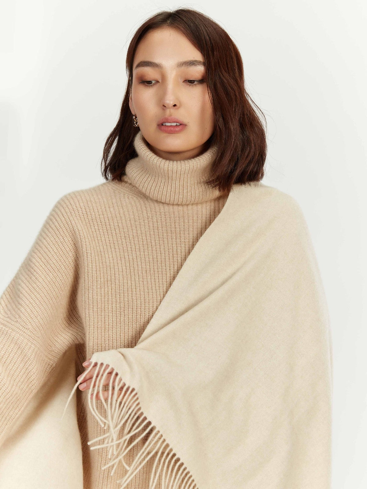Wide Fringe Scarf — Beige