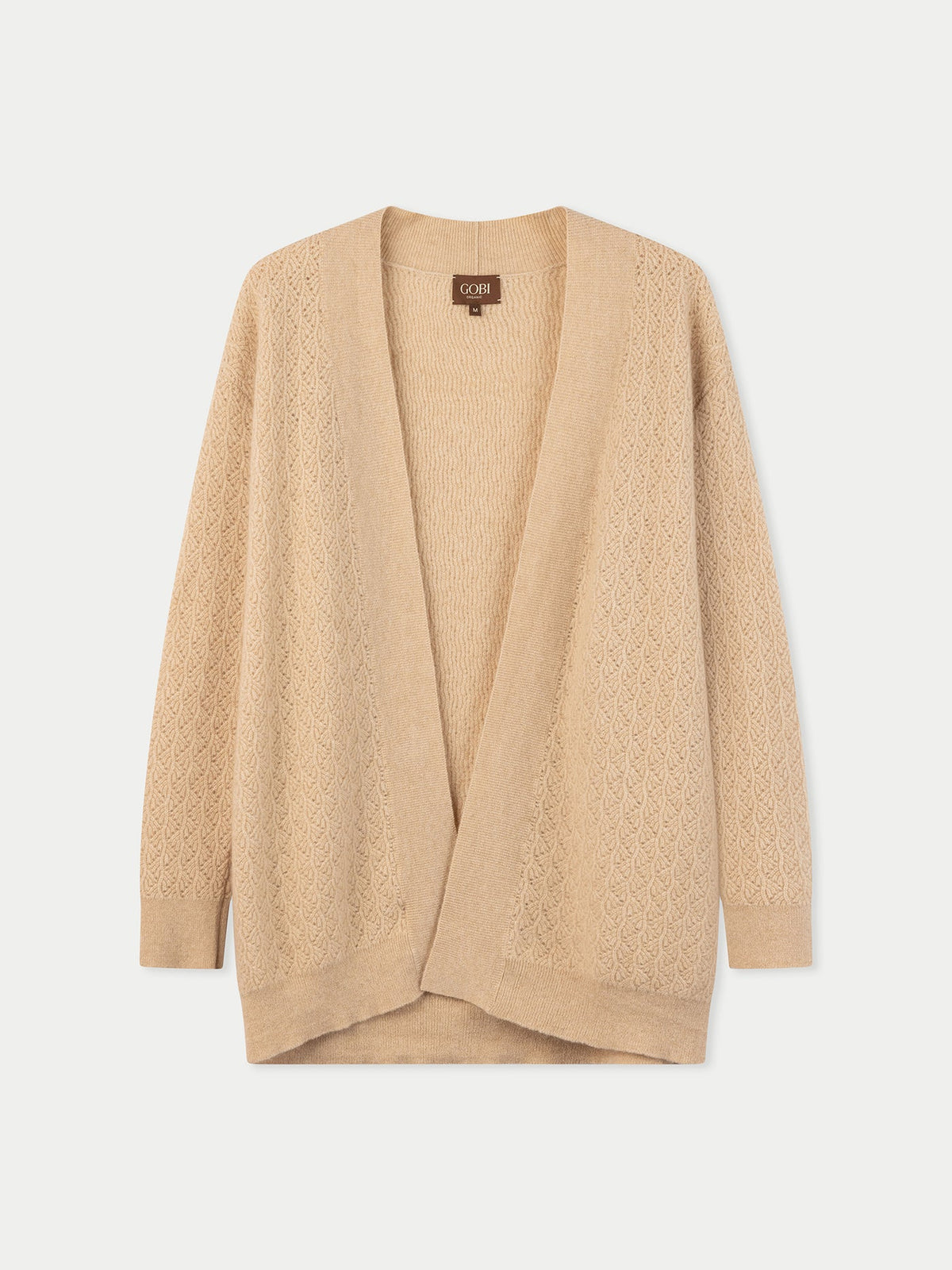 Ajour Knit Open-front Cashmere Cardigan — Beige