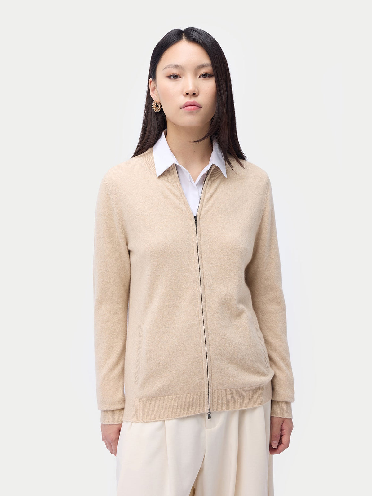 Essential Natural Color Cashmere Full-zip Cardigan — Beige