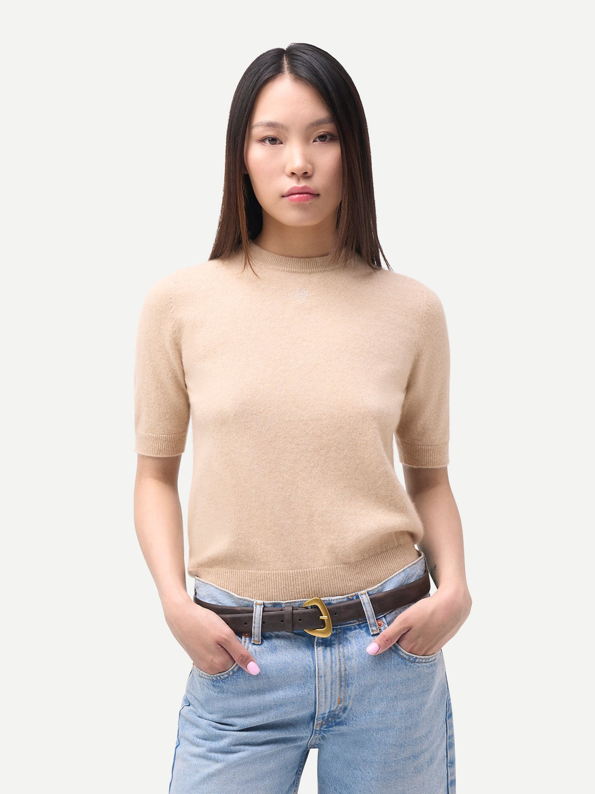Women's Cashmere Elbow-sleeve Sweater — Beige