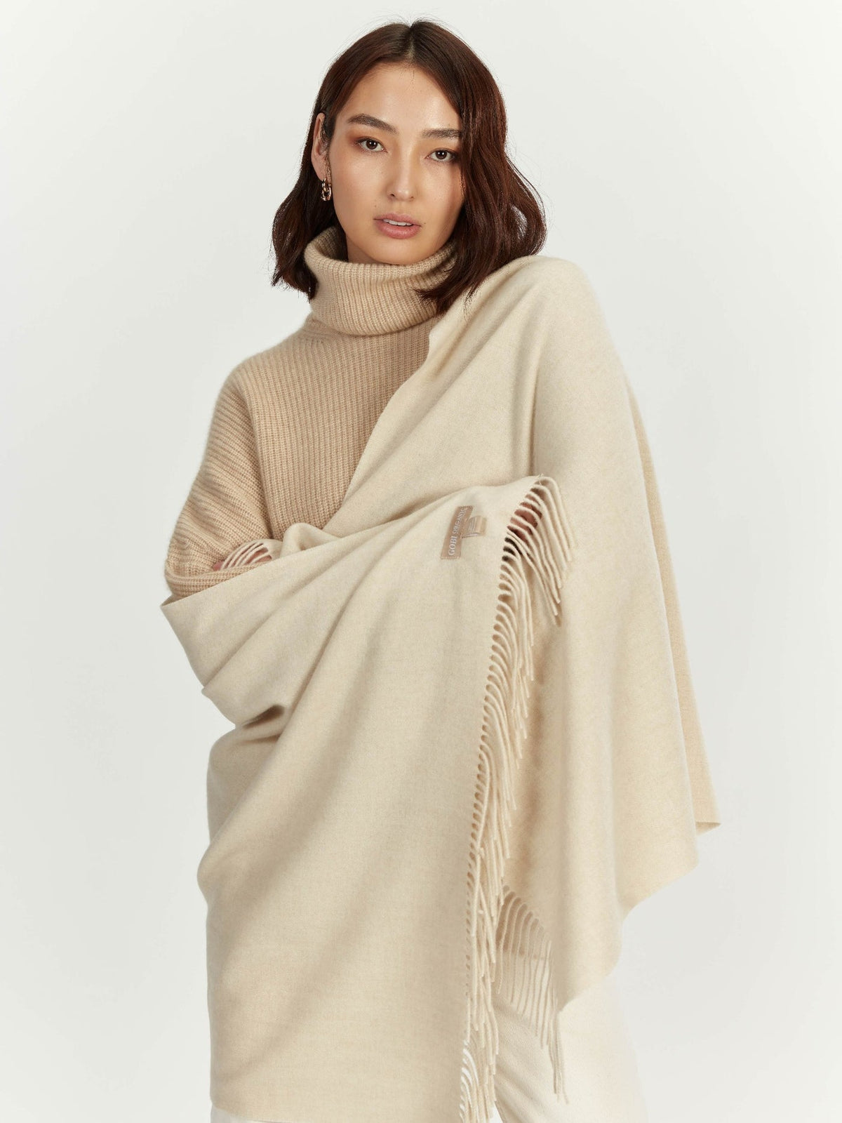 Wide Fringe Scarf — Beige