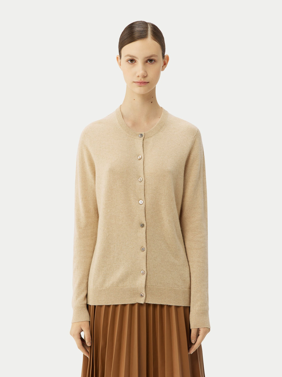 Cashmere Crew Neck Button Cardigan — Beige