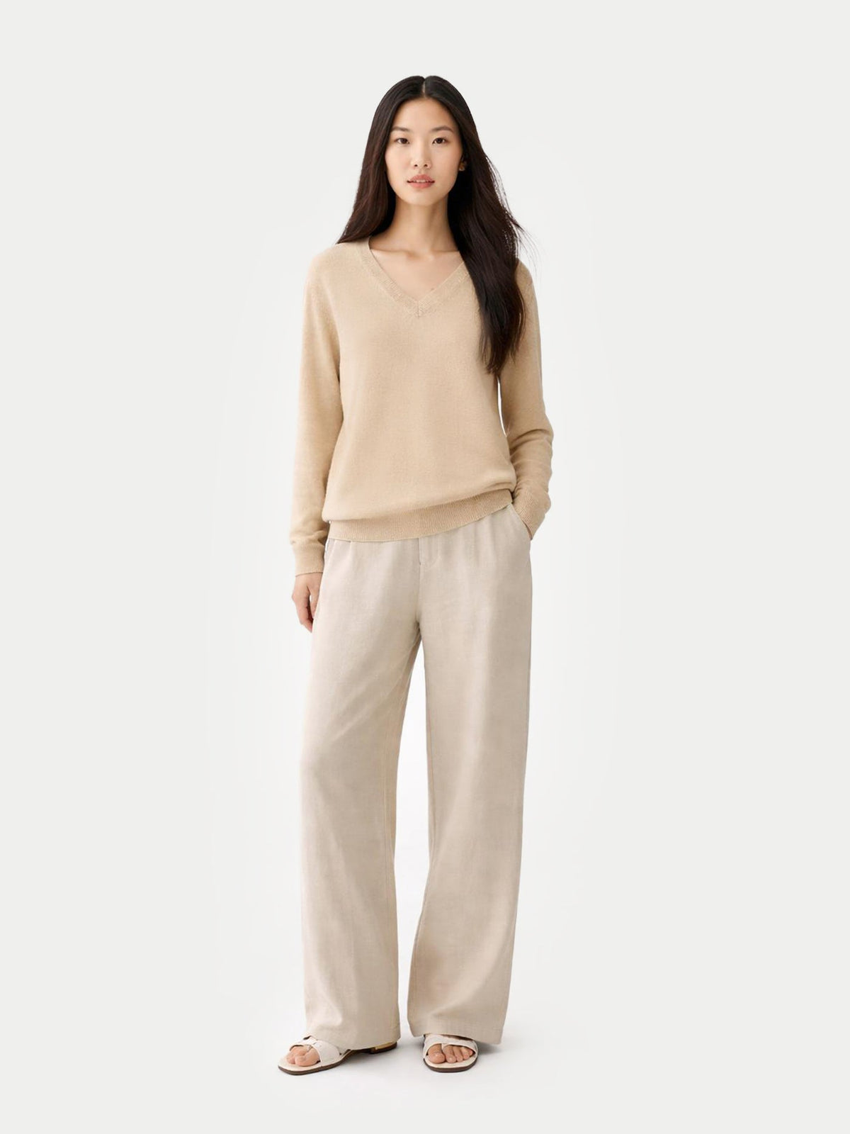 Essential Cashmere V-neck Sweater — Beige