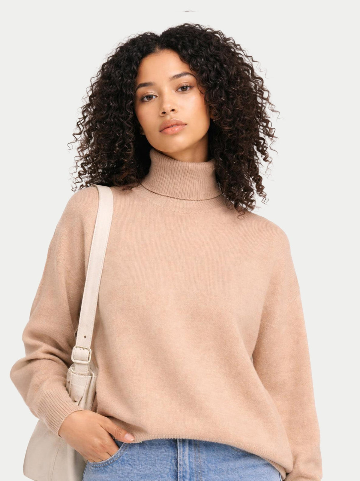 Women T-neck Cashmere Sweater — Beige