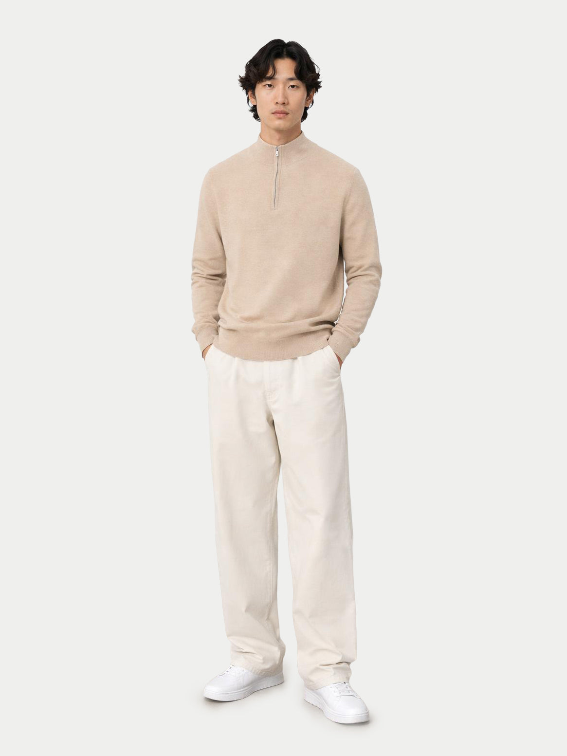 Essential Half-zip Cashmere Sweater — Beige