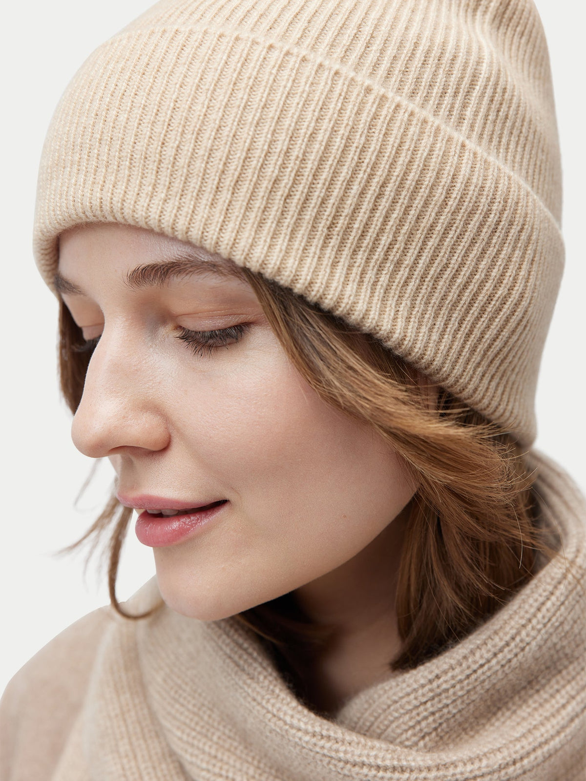 Cashmere Rib Knit Beanie — Beige