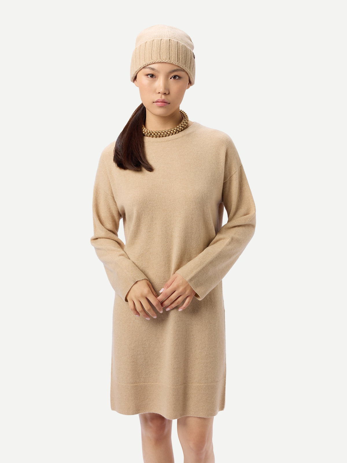 Seamless Crewneck Cashmere Dress — Beige