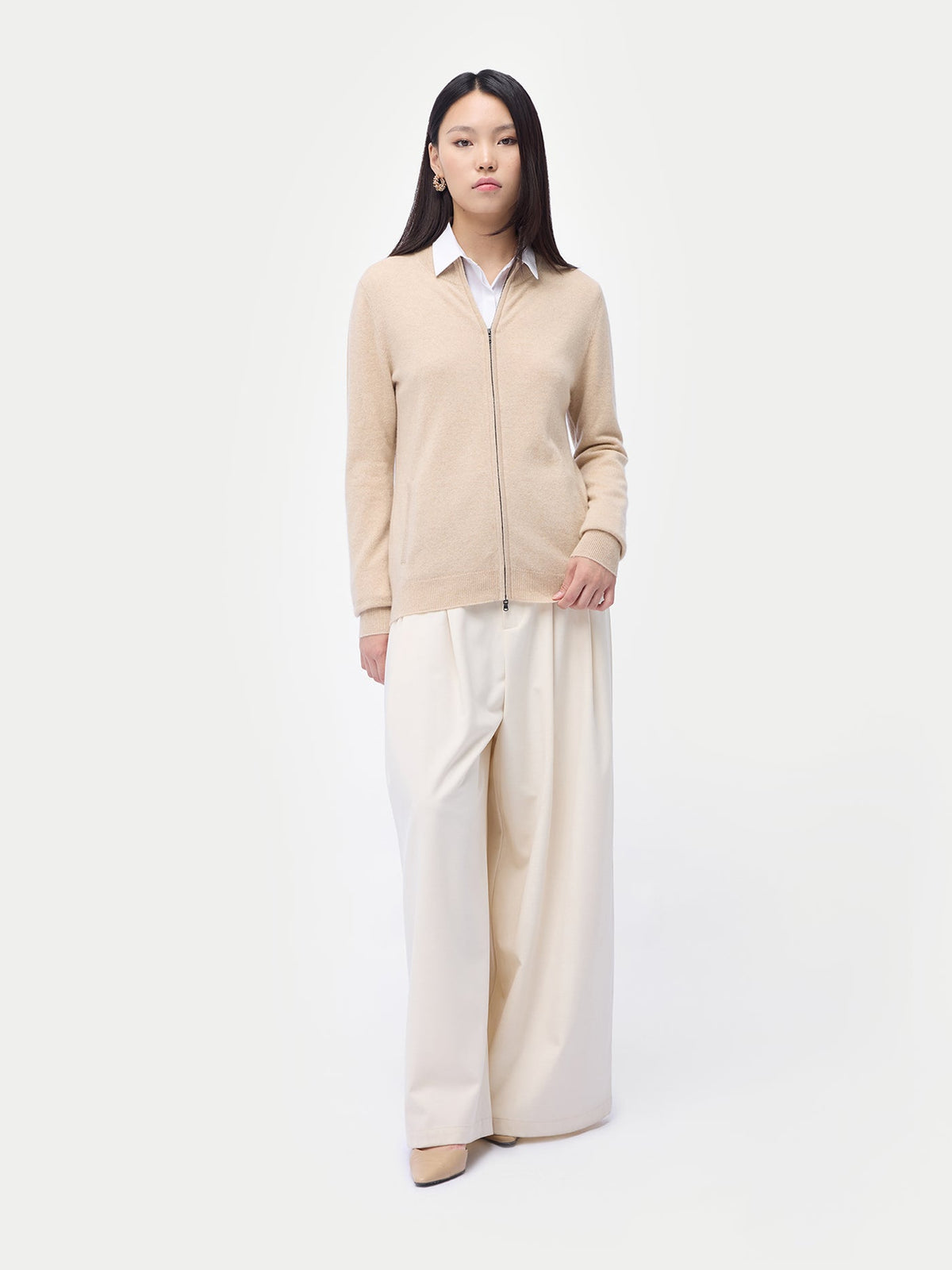 Essential Natural Color Cashmere Full-zip Cardigan — Beige