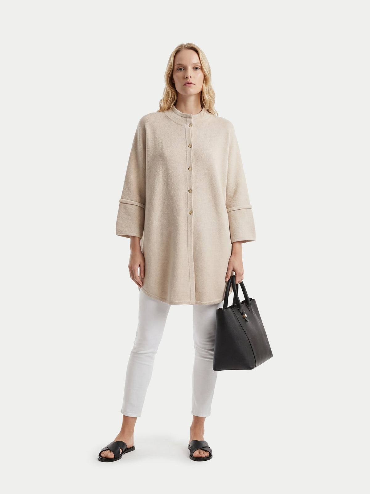 Cashmere Button-front Poncho — Beige