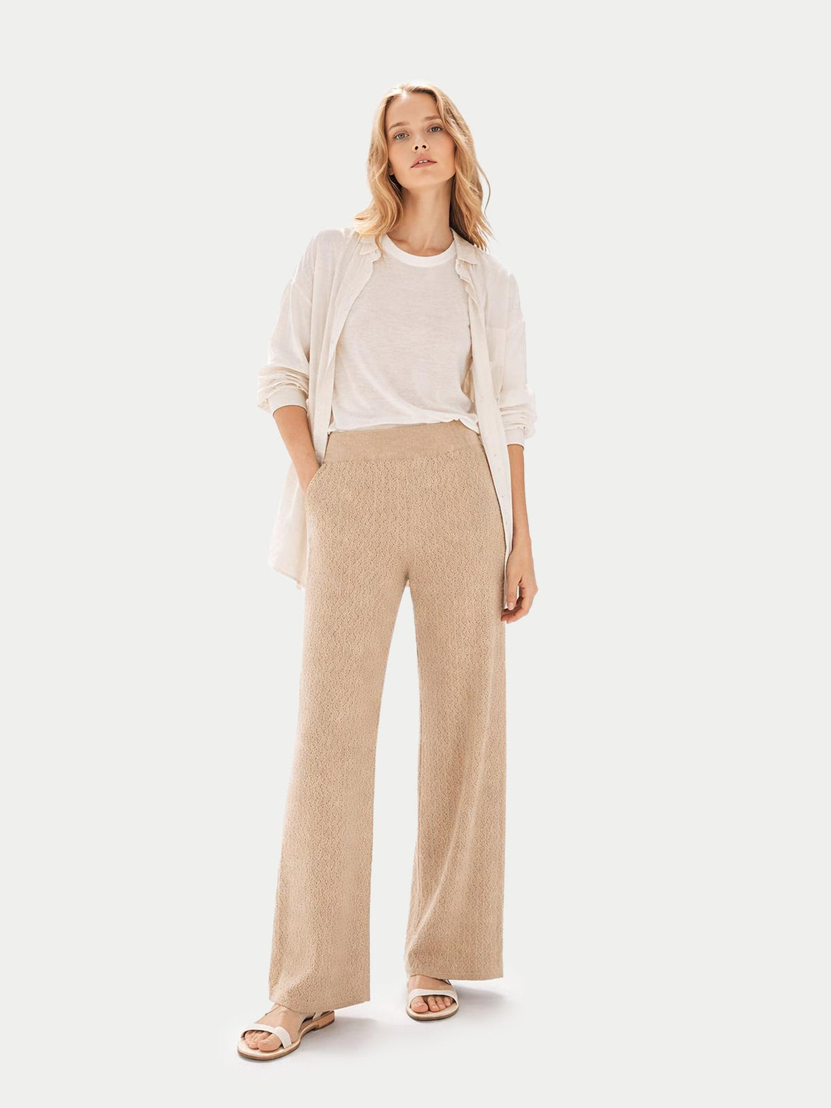 Wide-leg Ajour Knit Cashmere Pants — Beige