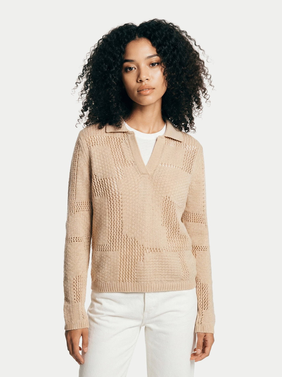 Natural Color Cashmere Buttonless Polo Sweater — Beige