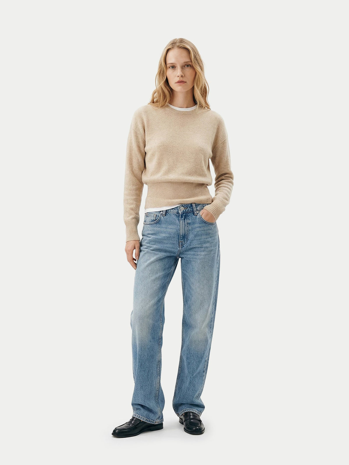 Cashmere Cinched-waist Sweater — Beige