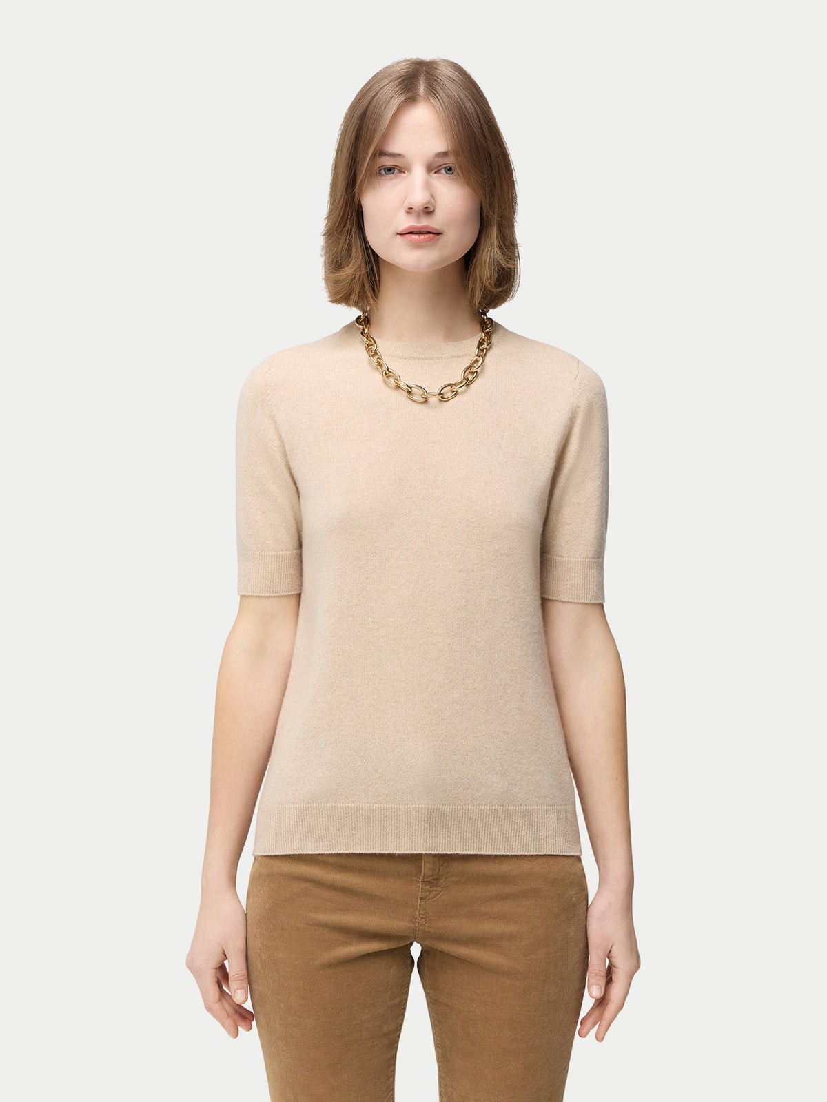 Natural Color Crew Neck Cashmere Top — Beige