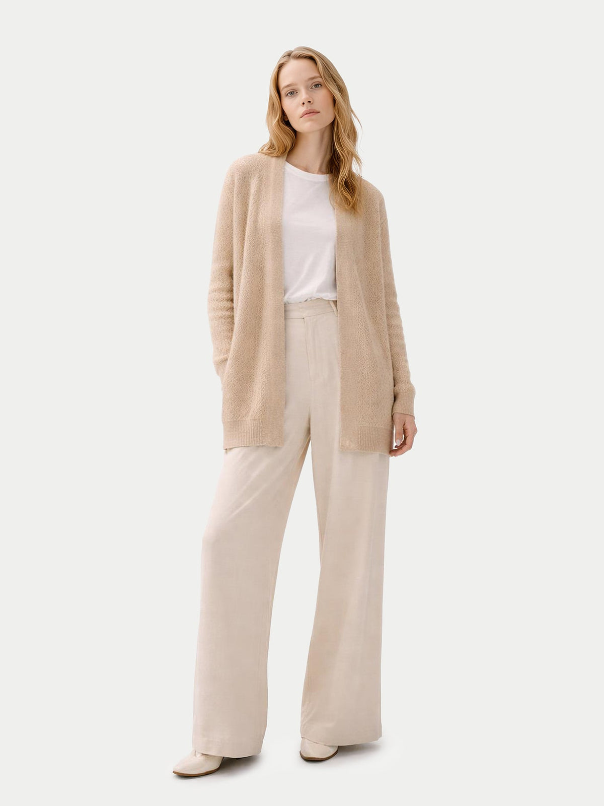 Ajour Knit Open-front Cashmere Cardigan — Beige