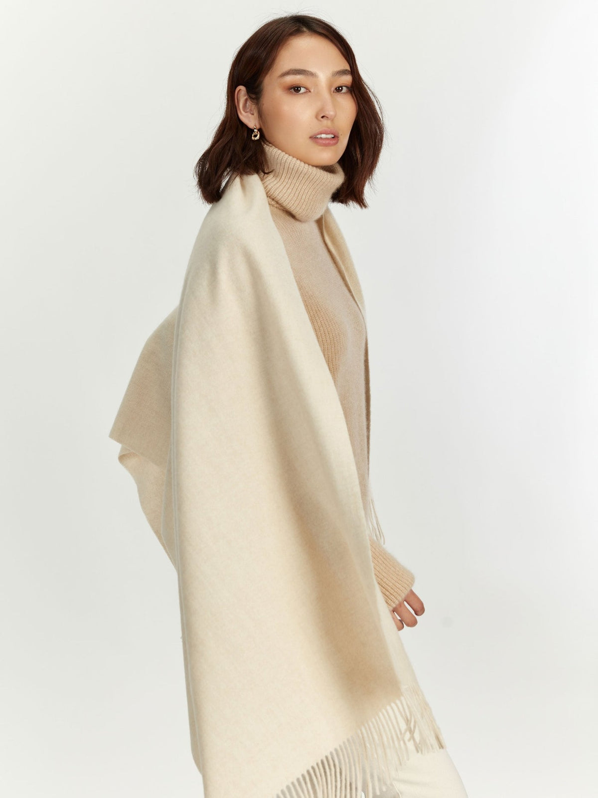 Wide Fringe Scarf — Beige