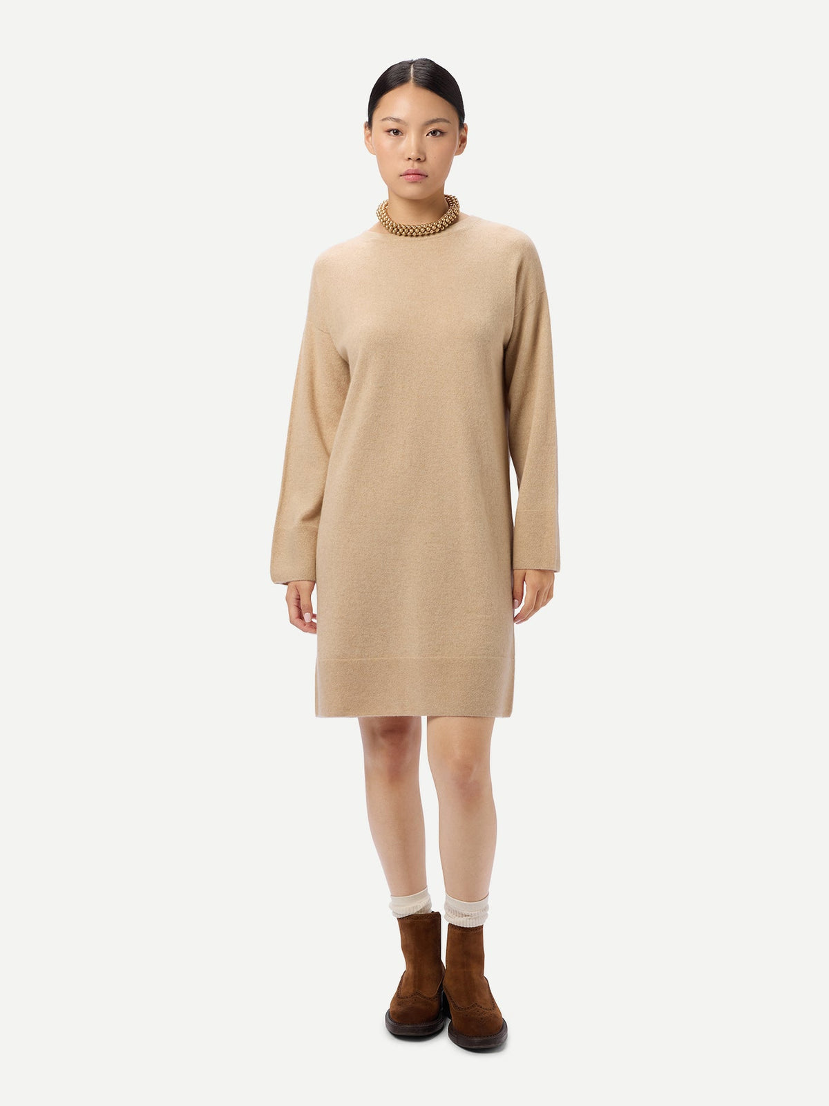 Seamless Crewneck Cashmere Dress — Beige