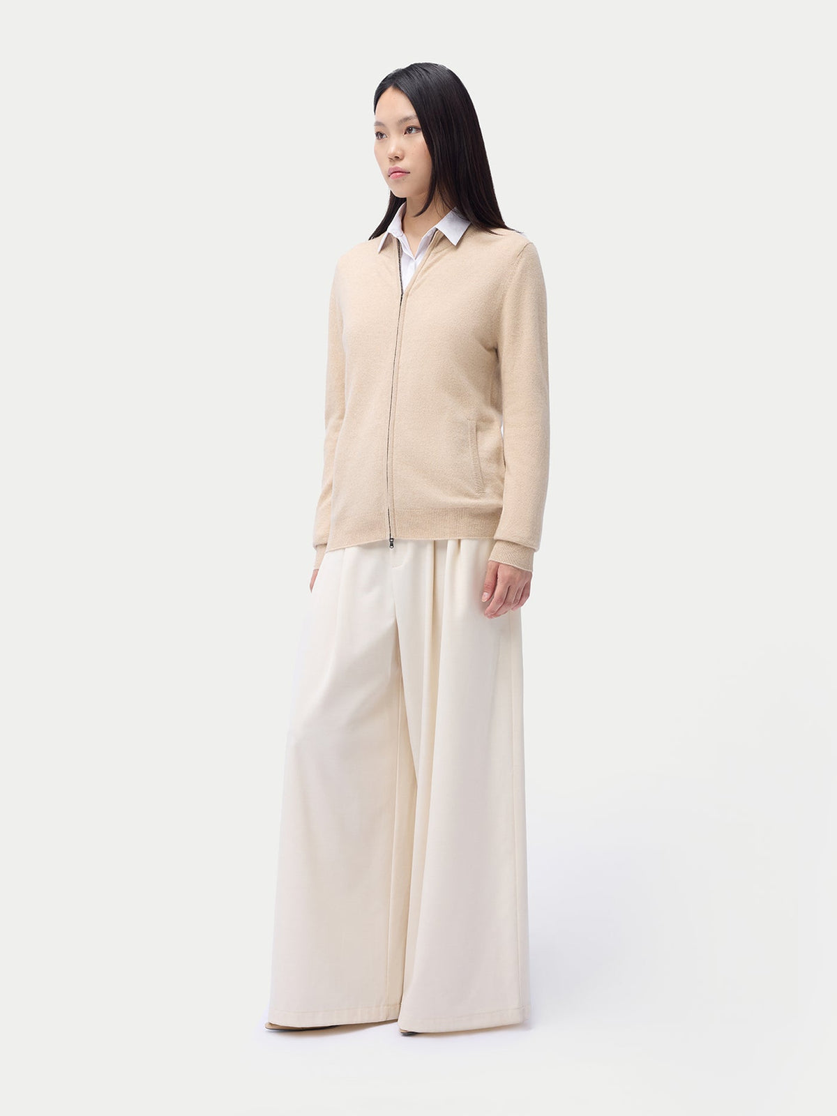 Essential Natural Color Cashmere Full-zip Cardigan — Beige