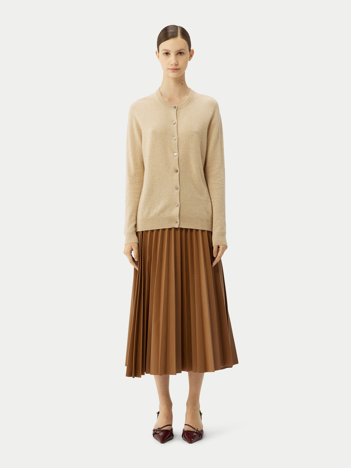 Cashmere Crew Neck Button Cardigan — Beige