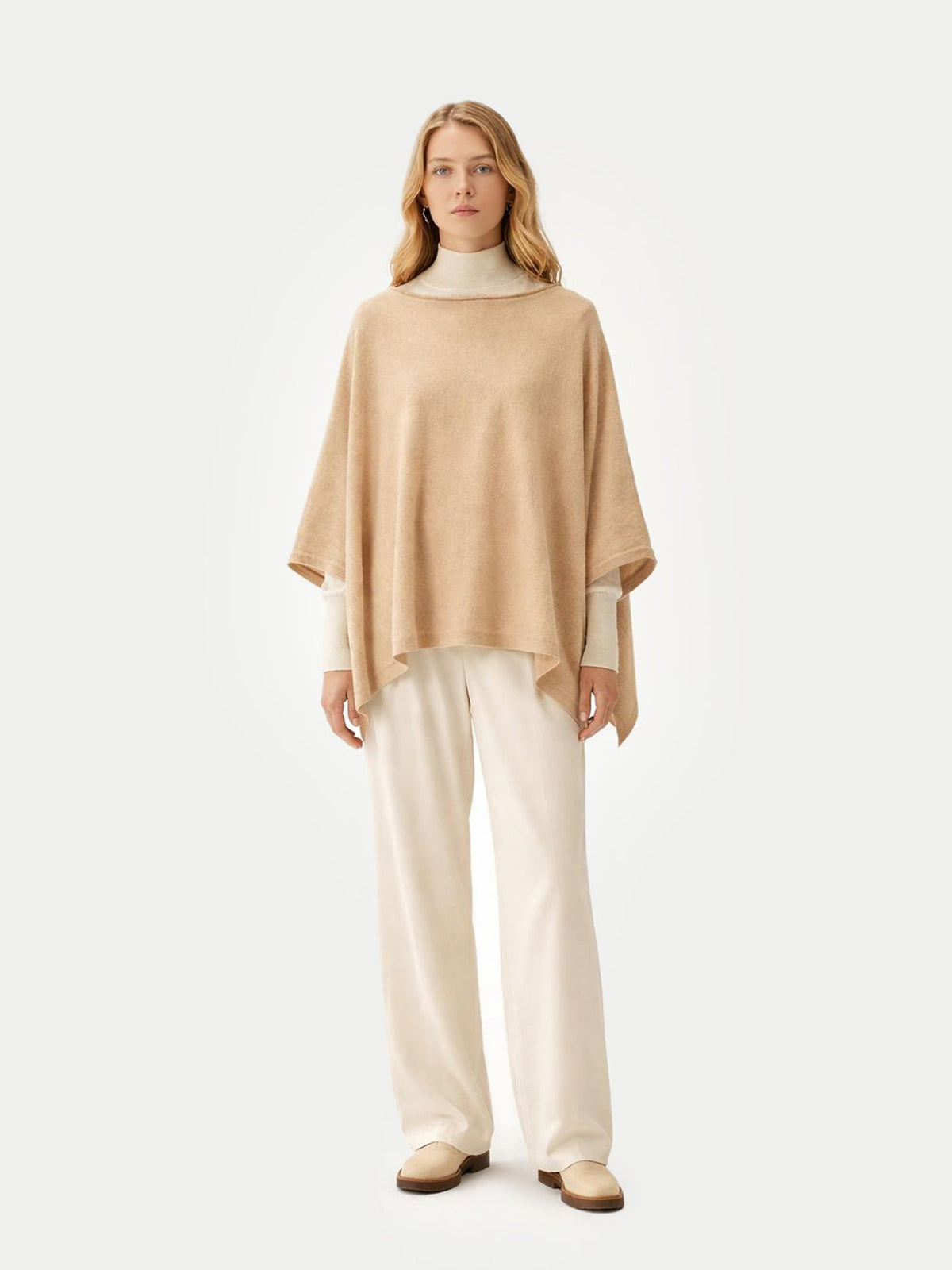 Boat-neck Cashmere Poncho — Beige