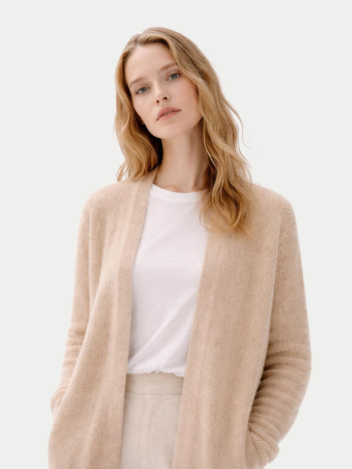Ajour Knit Open-front Cashmere Cardigan — Beige