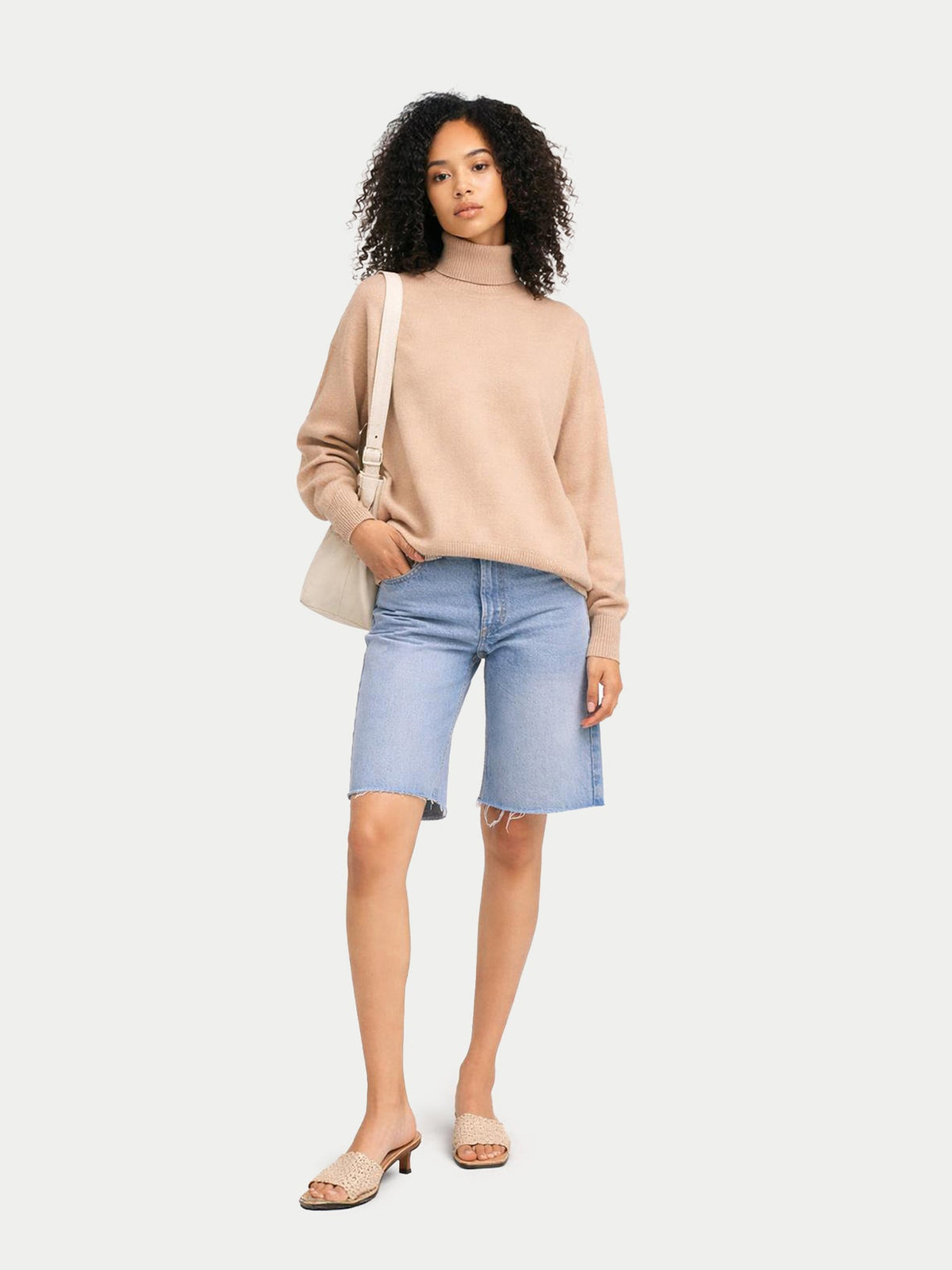 Women T-neck Cashmere Sweater — Beige