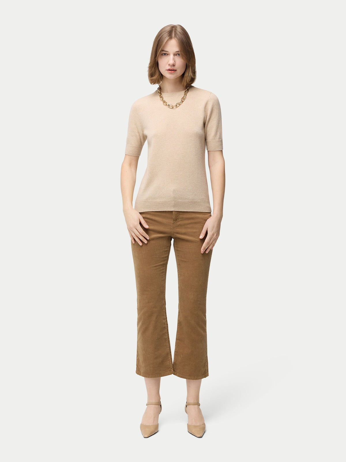 Natural Color Crew Neck Cashmere Top — Beige