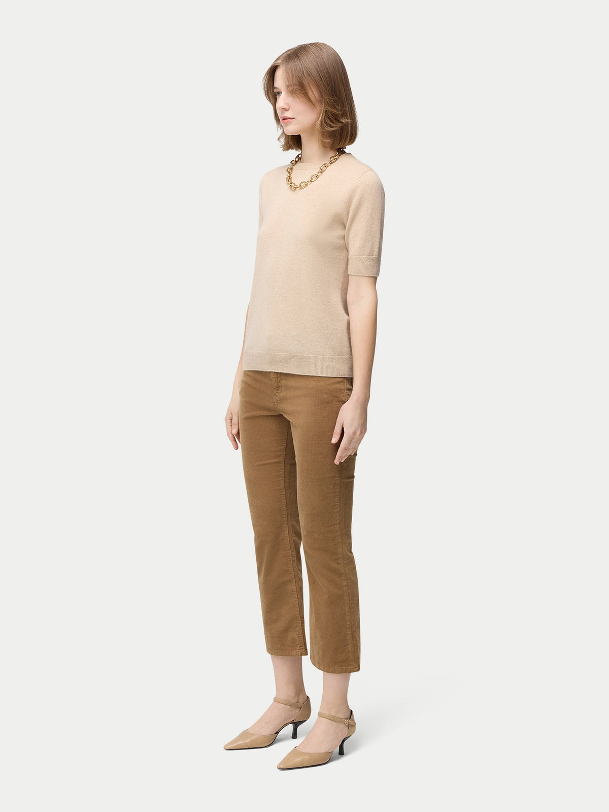 Natural Color Crew Neck Cashmere Top — Beige