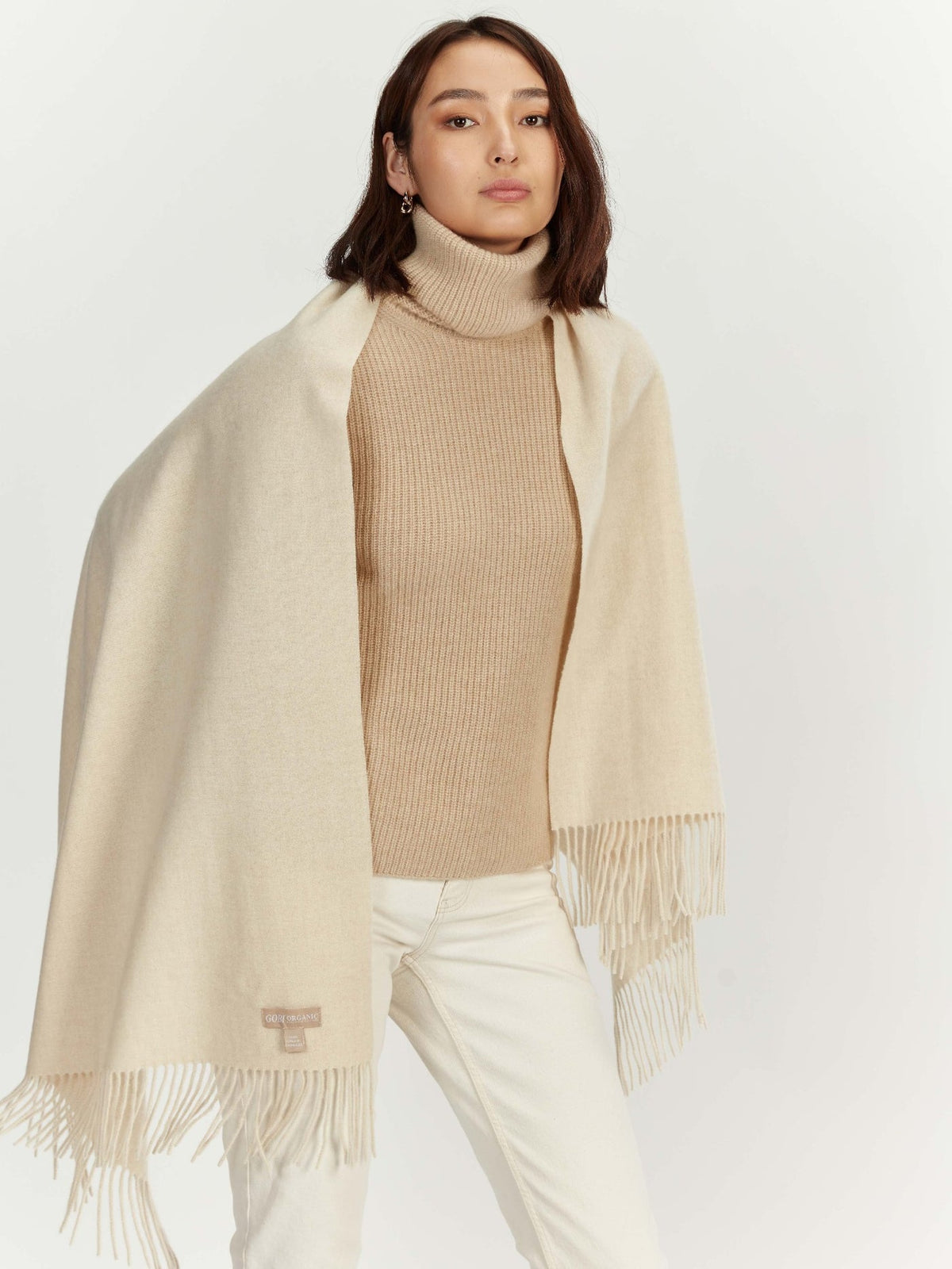 Wide Fringe Scarf — Beige