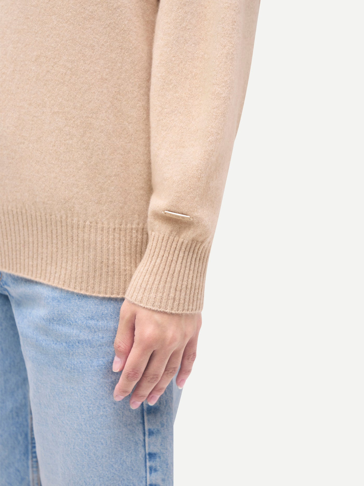 Women T-neck Cashmere Sweater — Beige