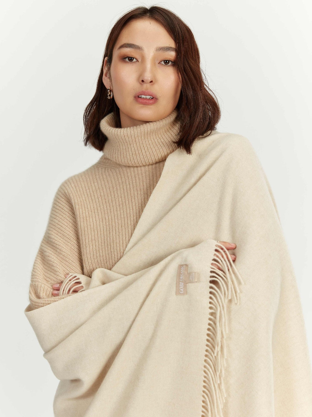 Wide Fringe Scarf — Beige