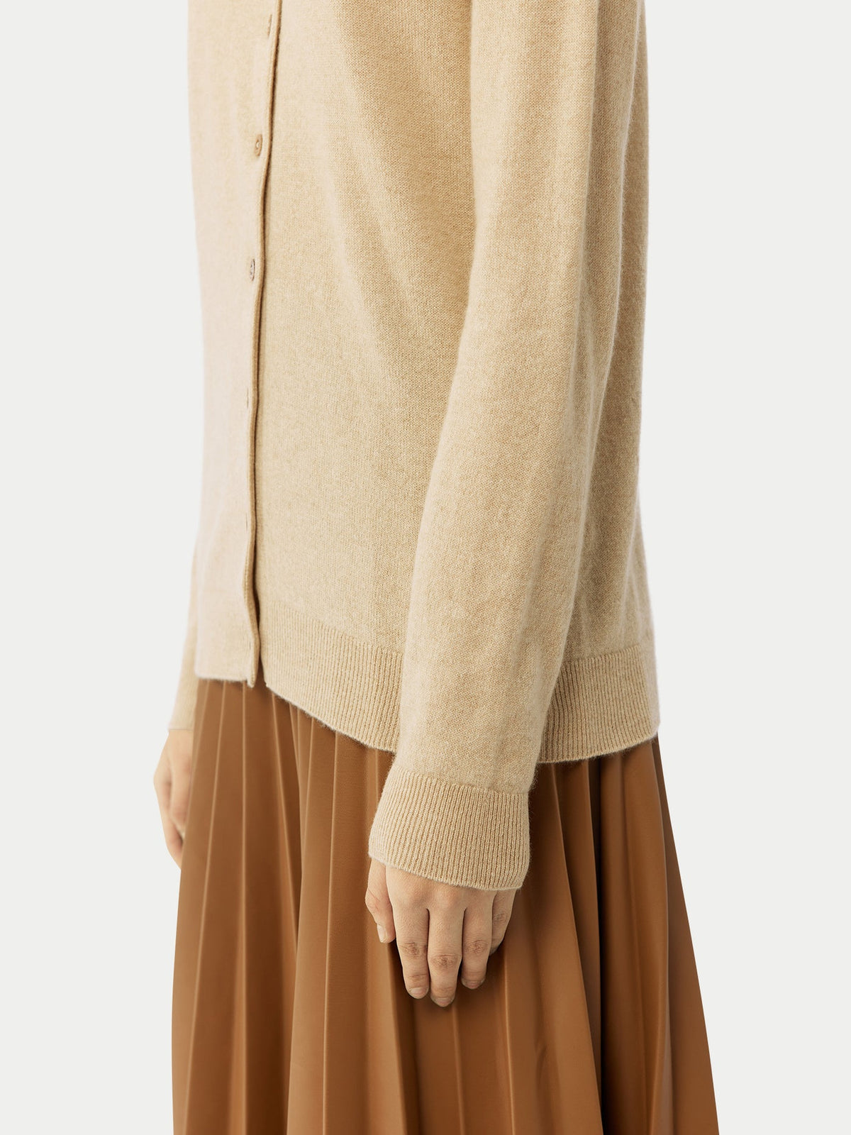 Cashmere Crew Neck Button Cardigan — Beige